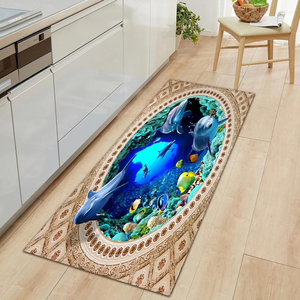 

3D нескользящий кухонный коврик с длинной полосой, подводный мир, коврик для ванной, коврик для входной двери, напольное украшение для спальни, ковер для гостиной