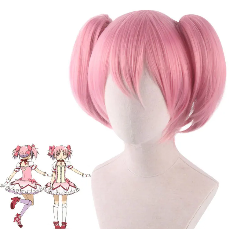

Anime 35CM Puella Magi Madoka Magica Madoka Kaname Cosplay Wig Pink Clip Ponytails Heat Resistant Hair Wigs + Wig Cap