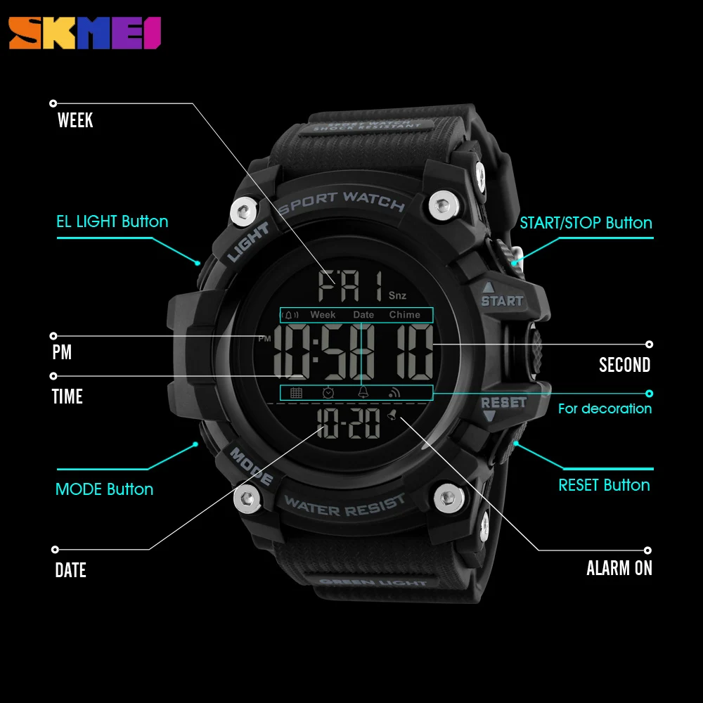 

SKMEI Fashion Cool Style Outdoor Sport Watch Men LED Digital 12/24 Hour Multifunctional Watch 5Bar Waterproof Relogio 1384