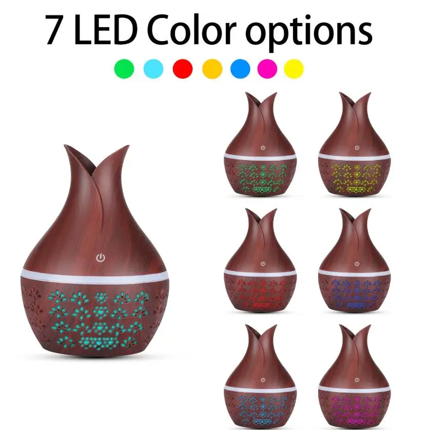 

300ml USB Electric Humidifier Aroma Oil Diffuser Ultrasonic Wood Openwork Vase Grain Air Humidifier Mist Maker LEDLight For Home