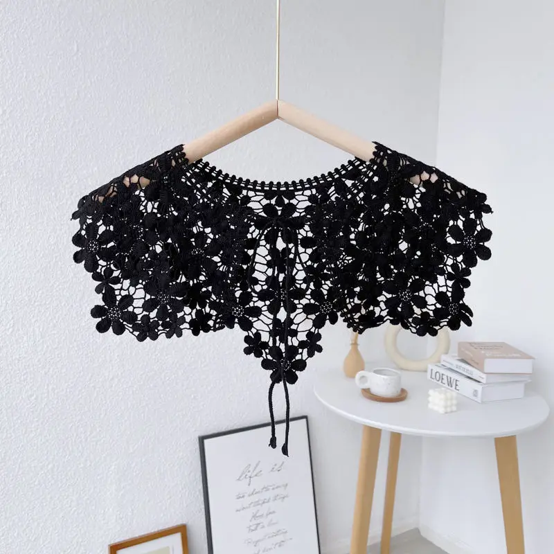

Black NEW Lace Flower Shawl Women Shoulders Cape Vest Fake Collar Capes Knotted Scarf Girl Neck Guard Girl Poncho Wraps Cloak