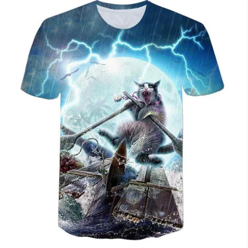 

Summer 2021 Solar Kitty Printed T-shirt Men's Women's 3d Cat Printed Shirt Nebula Galaxy Earth Fun and Cute Streetwear Loose Top