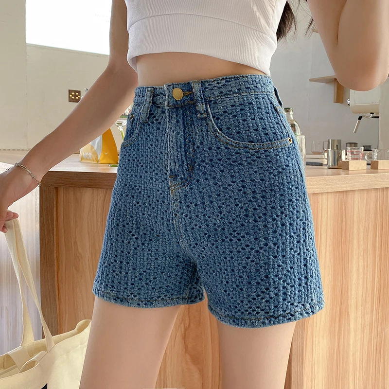 

2021 new woven jeans women's hot wide-leg pants net red loose wide-leg thin high-waist shorts
