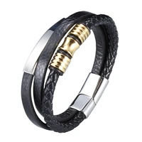 2022 punk genuine multilayer men leather bracelets stainless steel accessories bangles mens wristband jewelry bb1003