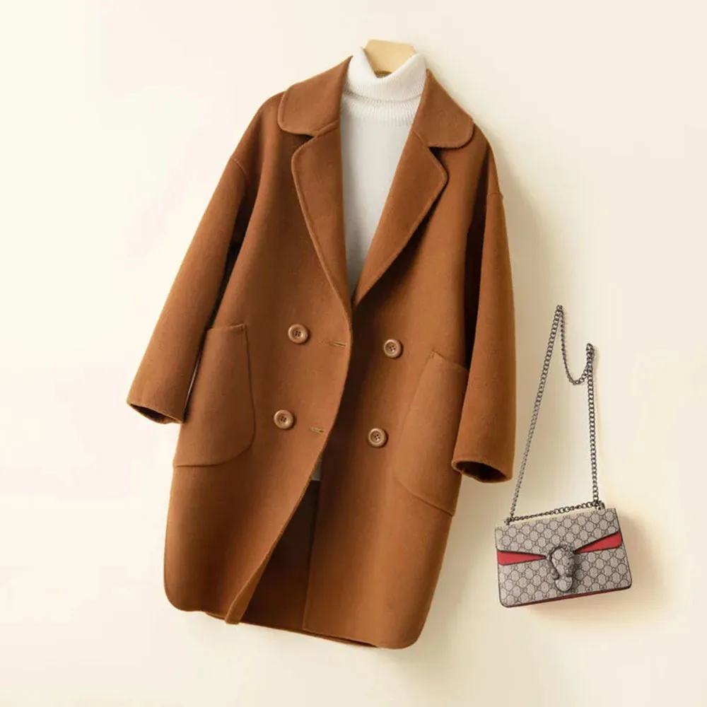 Женское двустороннее шерстяное пальто однотонное кашемировое из 100% чистой