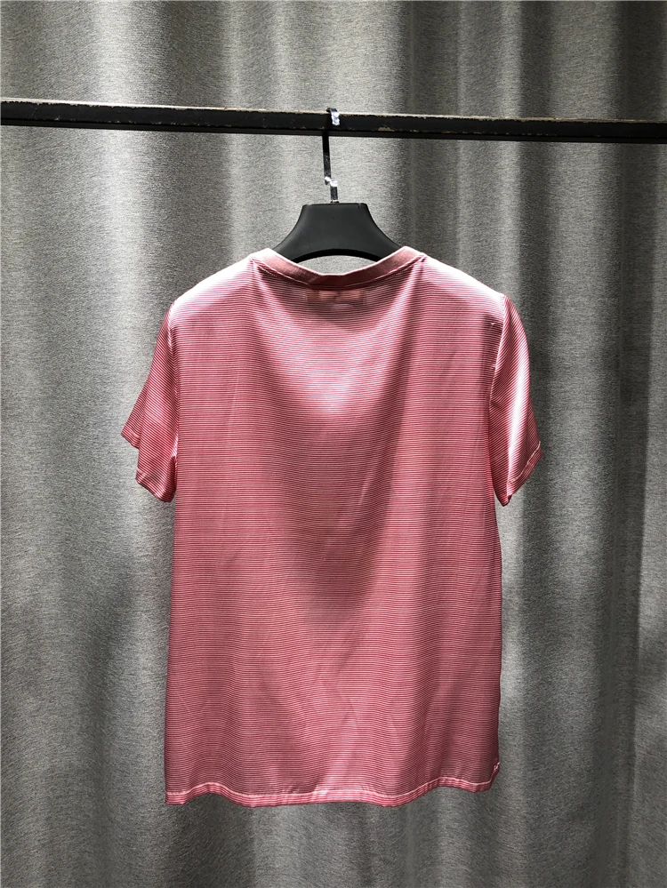 

Tshirt Women 2021 New Summer Products Casual Pure Silk Round Neck Short Sleeve Top Whole Body Stripe Floral Design On Chest