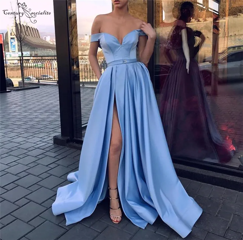 

Off Shoulder Light Blue Prom Dresses Long Side Split Corest Back Simple Satin Evening Gowns Party Dresses Vestidos De Festa 2020