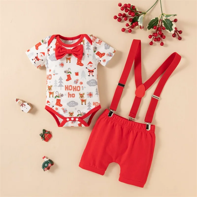 

9-18M 2Pcs Baby Boys Christmas Outfits Cartoon & Letter Print Short Sleeve Round Neck Bow Playsuit + Solid Color Suspender Pants