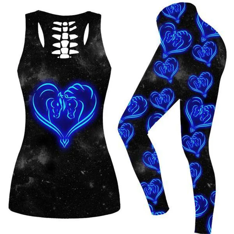 

Usa Size Women Yoga Set 3D Printed Florescent Light High Waist Sport Leggings Vest Horse Running Fitness Tank Top Suit