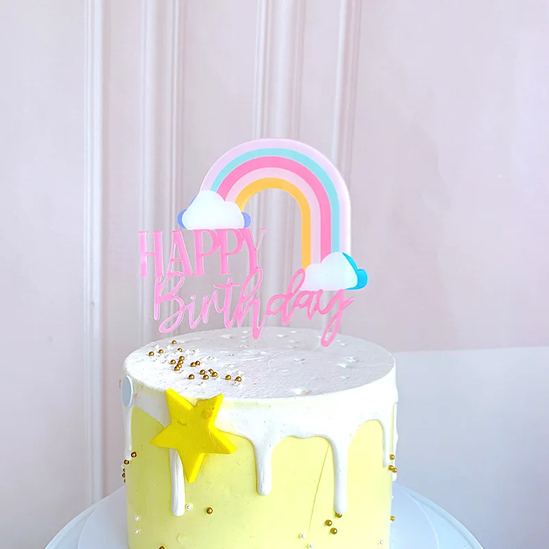 

Ins New Rainbow Happy Birthday Cake Topper Gold Baby Shower Acrylic Cupcake Topper For Wedding Birthday Party Cake Decorations