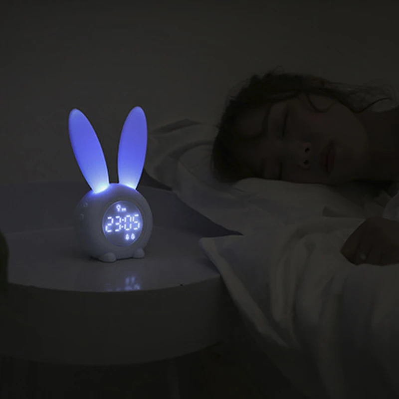 

Cute Rabbit Timer Alarm Clock Sound And Light Control Night Light Temperature Calendar Rechargeable For Children Gift VJ