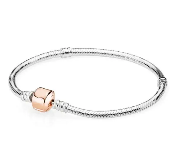 

925 Sterling Silver Rose Gold Snake Chain Lobster Barrel Clasp pandora Bracelet Bangle Fit Women Bead Charm Diy Jewelry