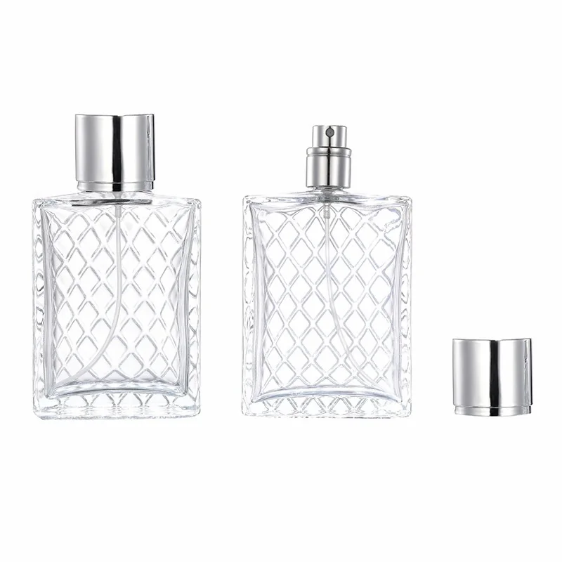 

Transparent Glass Perfume Refillable Bottle 50ml Silver Spray Lid Empty Squaer Cosmetic Packaging Parfum Atomizer Vials 10pcs