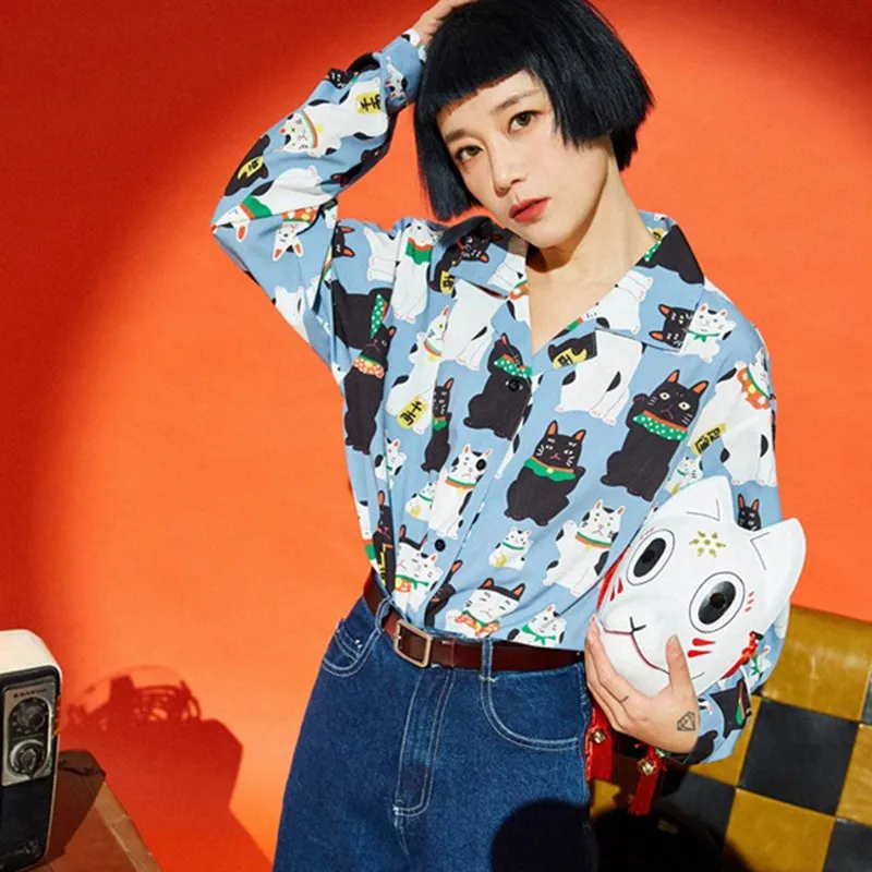 

ROPALIA Fashion Cartoon Printed Blouses Loose Shirt Women Loose Blouses Breathable Long Sleeve Lapel Shirts