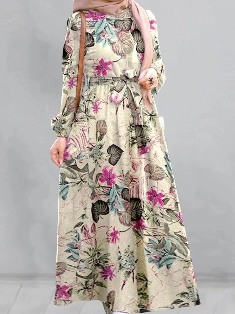 

Large women's ethnic print t long sleeve tie round neck long cotton linen dress