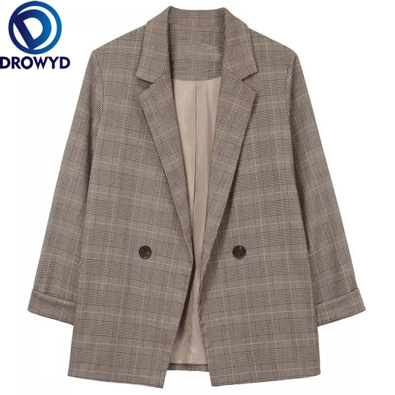 

Женский коричневый клетчатый пиджак, новинка 2020, Модный женский офисный костюм, куртки с карманами, пальто, повседневные свободные топы с дл...