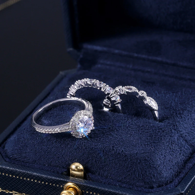 YOBEST 3 Pieces Ring / Inlay Silver Plated White Crystal Zircon Wedding Engagement Ring Size 6-9