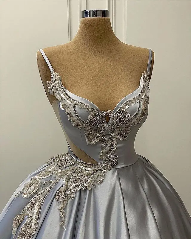 Sliver Party Wear Spaghetti Strap Sequins Bead Formal Ball Gown Evening Prom Dresses For Girls