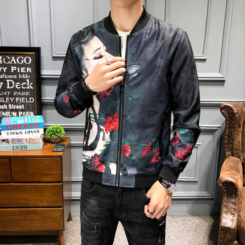 

Loldeal Hip Hop Jacket Men Slim Fit Flowers Pilot Bomber Jacket Men's Stand Collar Coats