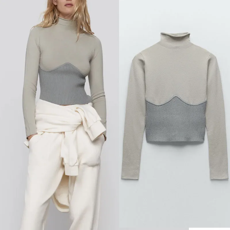 

Женский зимний трикотажный свитер-водолазка FAKUNTN в стиле пэчворк 2021, облегающий пуловер с длинным рукавом и ярким швом, Женский шикарный вяз...