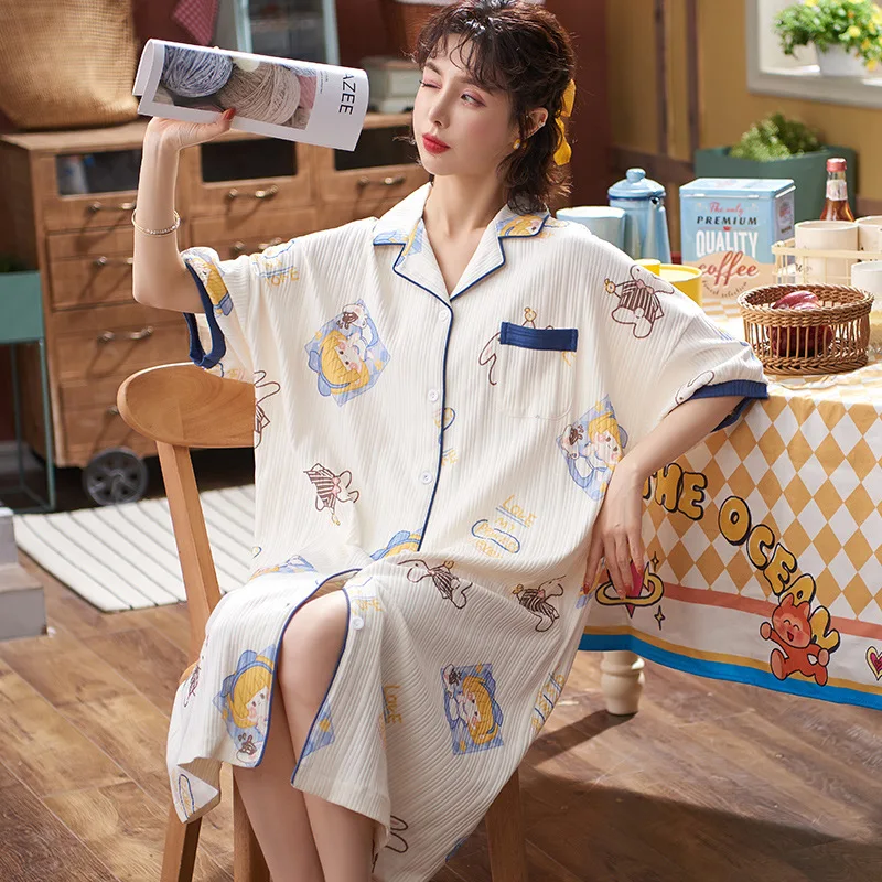 

Летняя женская белая хлопковая ночная рубашка до колена, домашняя одежда оверсайз, пикантный кардиган, женское платье, кавайная мультяшная ...