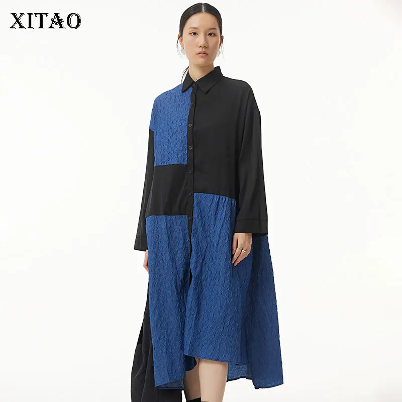 

Женское асимметричное платье-рубашка XITAO, повседневное плиссированное платье контрастных цветов с отложным воротником, новинка весны 2022, ...
