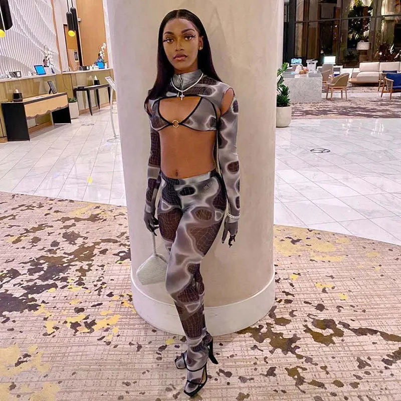 

Donsignet Fashion Women's Suit Sexy Snake Print Hollow Strap Zipper Open Navel Bra Fashion Suit Half High Collar Regular Casual