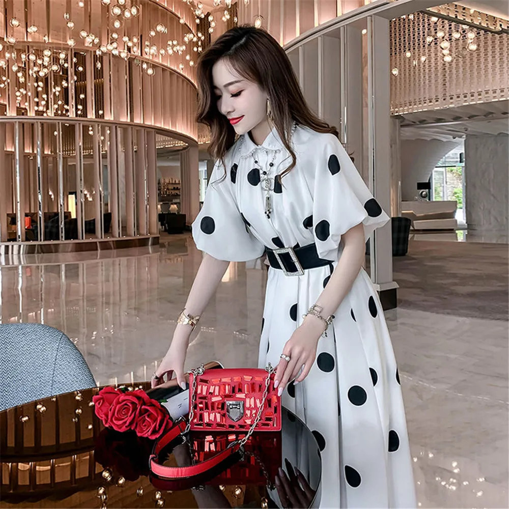 

Women Dress Summer Dot Puff Sleeve Retro Elegant Long Dress Split White Chiffon Dress Party Club Plus Size Vestidos De Festa 100