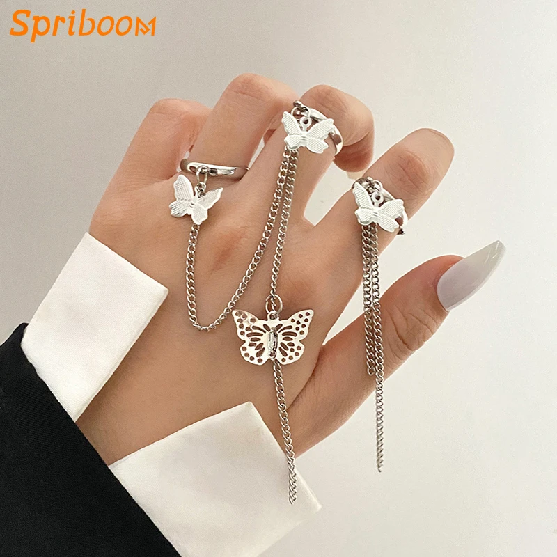 

Punk Butterfly Chain Rings Set Two Open Finger Ring Hip Hop Multi-Layer Personality Adjustable Anillos Party Jewelry Accessories
