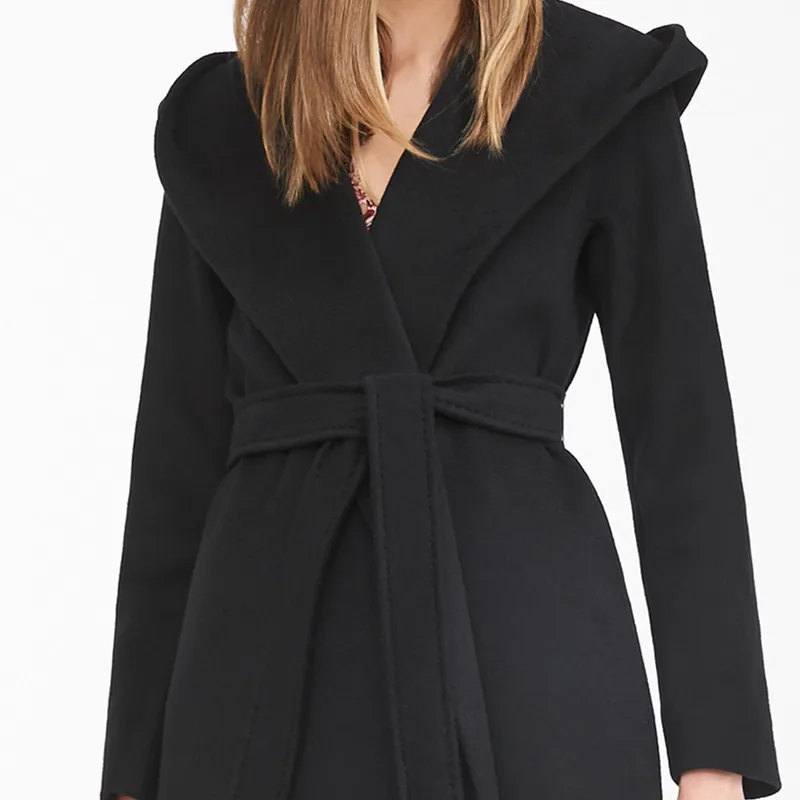 

New Arrival Winter Slim Hooded Long Woolen Coat With Belt Solid Black X-Long Jacket Full Sleeve Loose Cashmere Outerwear Sashes