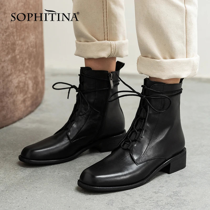 Beli Sepatu Bot Pergelangan Kaki Kasual SOPHITINA Sepatu Bot Kerja Kantor Bertumit Rendah Ujung Bundar Berenda Kulit Sapi Buatan Tangan Sepatu Wanita Musim Semi/Musim Gugur SO773