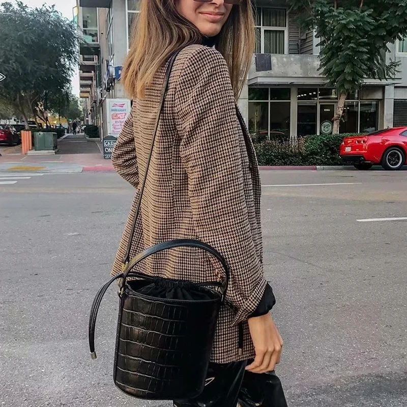 

ZXQJ elegant women plaid brwon blazer jackets 2020 fashion ladies chic long suits casual female streetwear blazer girls vintage