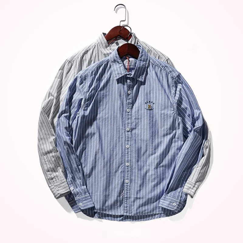 Cotton Vertical Striped Shirt Trendy Men's Japanese-Style Retro Long Sleeve Classic Bold Stripes Shirt Long Sleeve Youth Shi