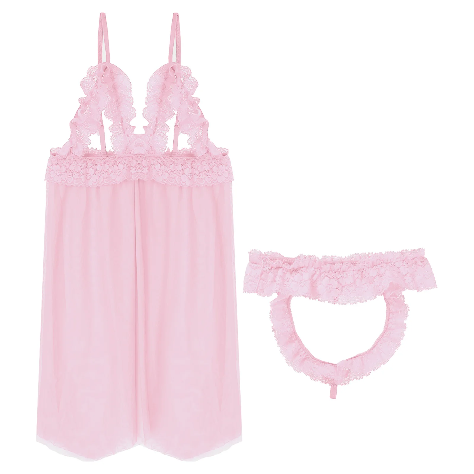 Мужская кружевная ночная сорочка из двух предметов с разрезом спереди и