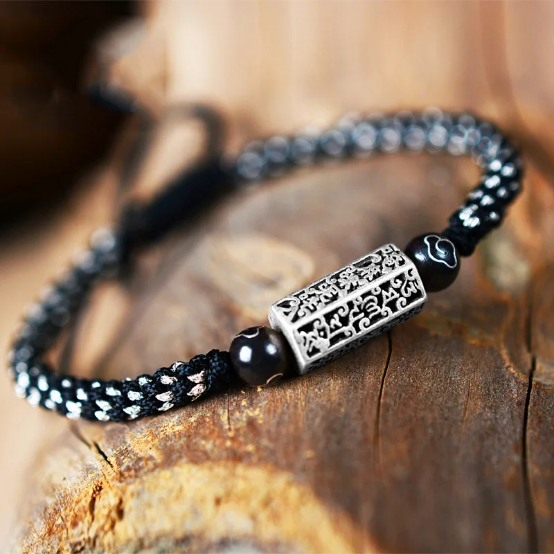 

Men's Retro Six-Word Mantra Bracelet 925 Sterling Silver Charm Tibetan Handmade Knots Lucky Rope Bracelet Buddhism Jewelry