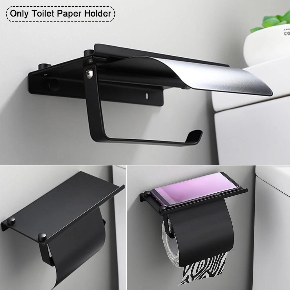 

Storage Organizer Toilet Paper Holder Hardware Splash-proof Baffle Black With Shelf Rustproof For Bathroom Waterproof