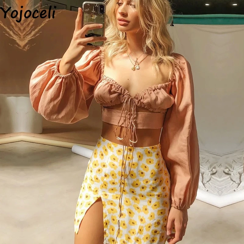 

Блузка Yojoceli женская короткая на шнуровке, элегантная вечервечерние Повседневная Блузка с рукавами-фонариками, милый пикантный кроп-топ, ши...