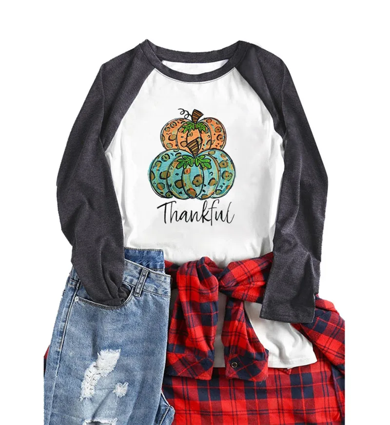 Thankful Pumpkin Print Thanksgiving T shirt Women Patchwork 3/4 Raglan Sleeve Cute Graphic Tees Casual Fall T-Shirt Tops | Женская
