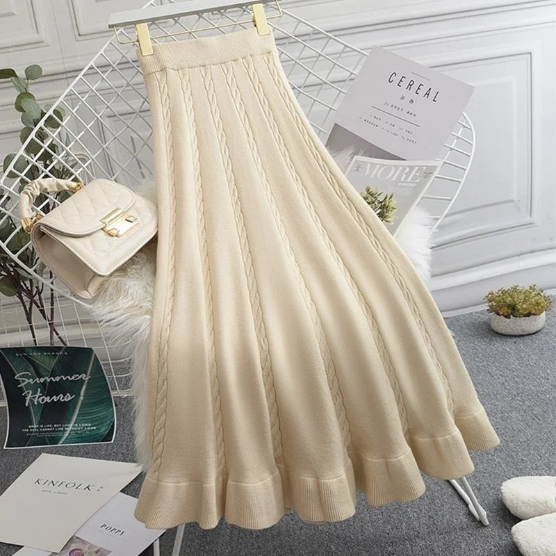 

2023 Autumn Winter Korean Style Fashion Warm Knitted Long Skirts Women Solid High Waist Sweater Skirt Female Jupe Femme Y684
