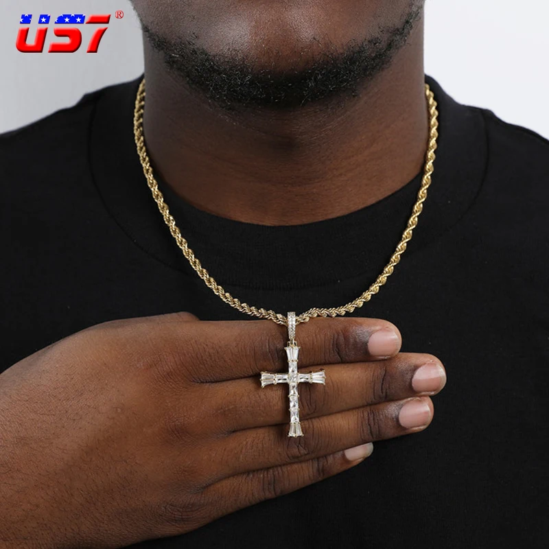 

US7 Baguette Prong Cross Pendant Necklace For Men Women Iced Out Bling Cubic Zirconia Gold Silver Color Hip Hop Jewelry Gifts