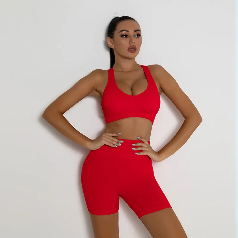 

2021 Hot Women Seamless Two-Piece Yoga Suit Girl’s High Waist Stretchy Athletic Clothes Suit Running Suit Ladies Sexy Sportswear