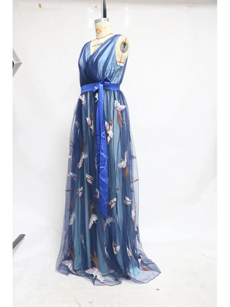 

Summer Women's Dress 2021 New Blue Mesh Embroidered V-Neck Sleeveless Backless Slim Ladies Long Sexy Robe Party Dresses LOUAEE