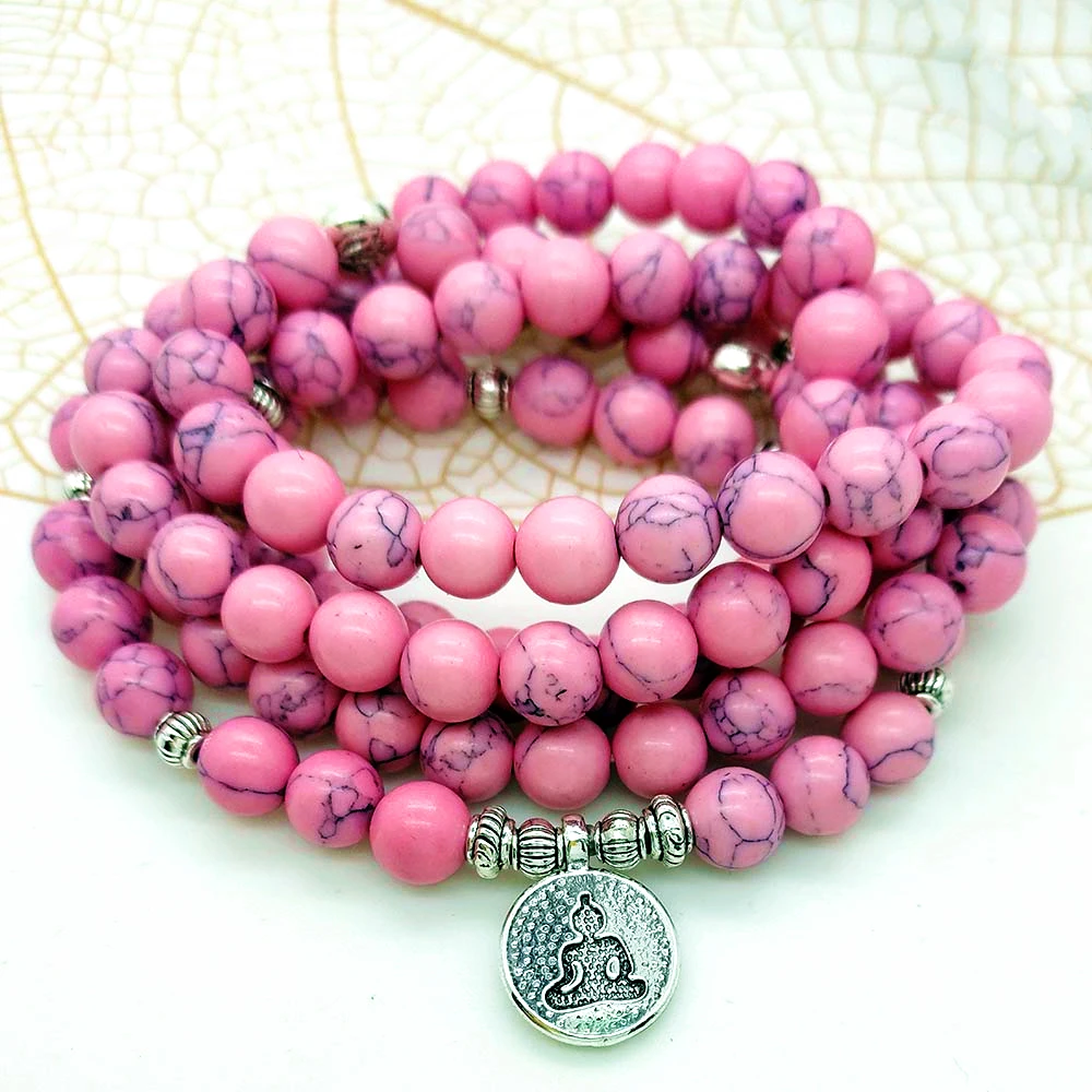 

8 мм розовый камень Howlite исцеляющая чакра 108 молитвенные бусины Мала Браслет Женские Ювелирные изделия на запястье Ом буддистские искусстве...