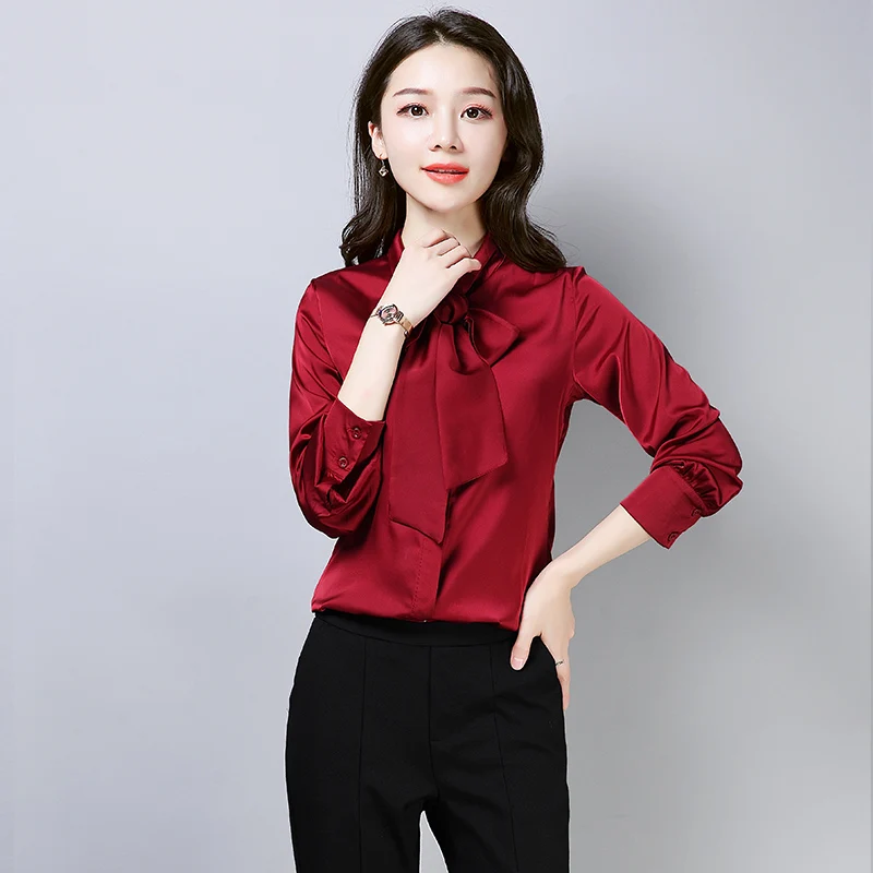 Элегантная атласная шелковая рубашка с бантом женская блузка на весну и осень