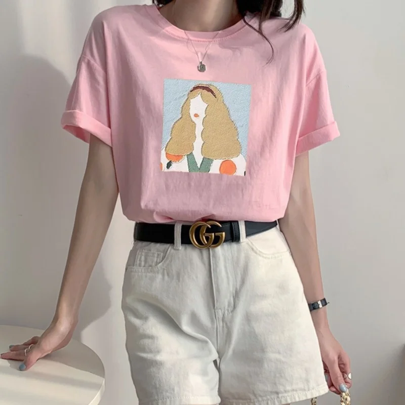 

Fashion Lady Print White Loose T Shirt Women Cotton Short Sleeve Tee Shirt Femme Chic Casual Tshirt Ins 2021 Summer Tops