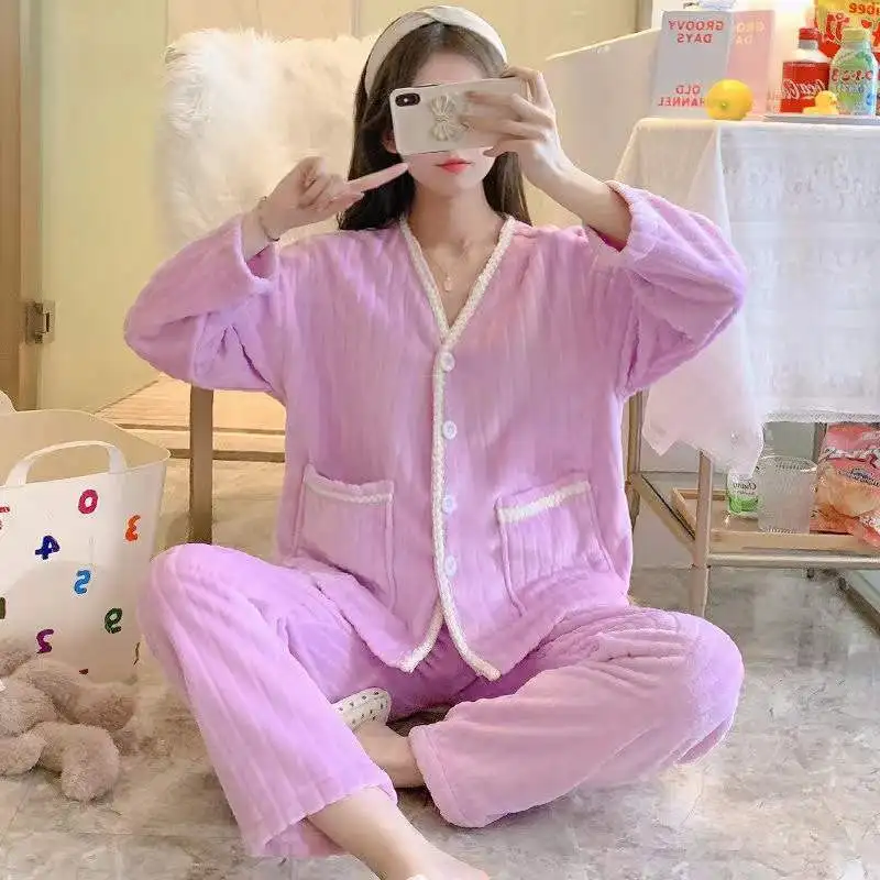 Pajama Set Women Winter Coral Fleece Flannel Sleepwear Flannel Warm 2 Piece /Set Long Sleeve Trousers Loungewear Pijama Homewea