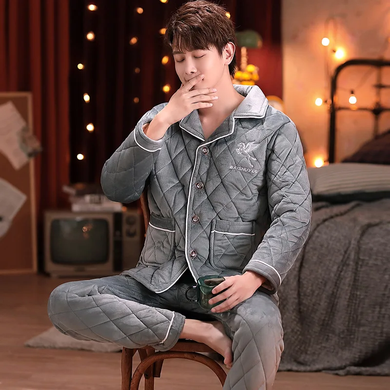 Men Pajamas Flannel Sleepwer Solid Cardigan Lapel Button Nightwear Thick Warm High Quality Homewear Pyjamas Winter Plus Size