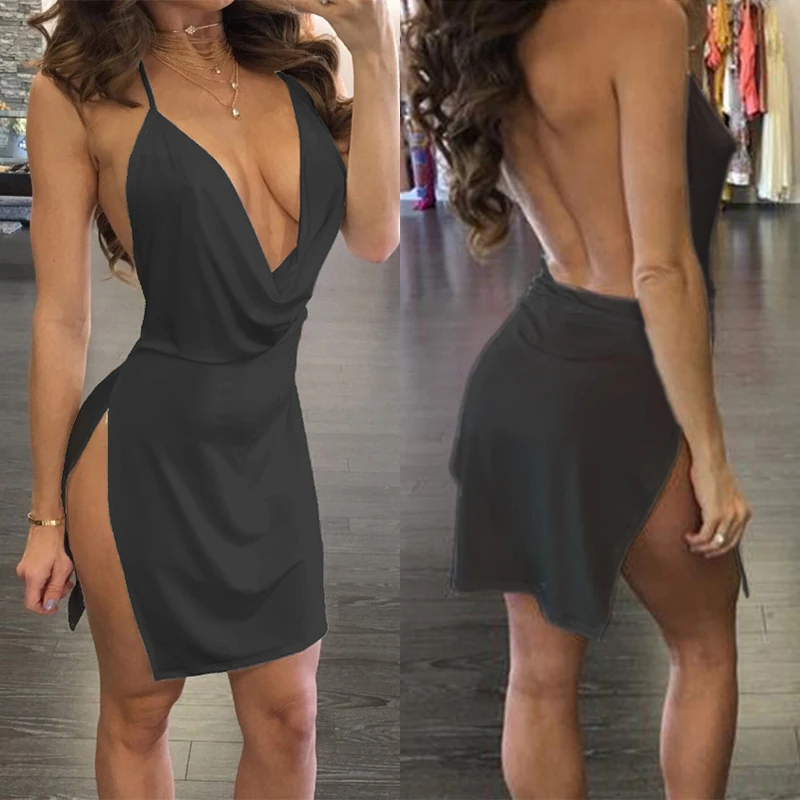 

Pure Color Ladies Sexy Deep V Sling Low-cut Backless Split Dress Short Skirt Casual Dress Sexy Dresses For Women XS-3XL