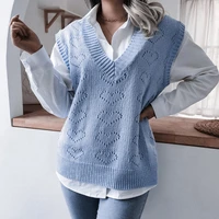 womens love hook flower hollow loose knitted vest v neck sleeveless casual all match vintage sweater vests female 2021 autumn