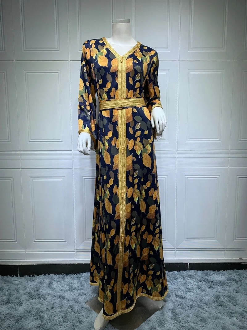 Ethnic Print Maxi Dress Jalabiya Women Loose Long Sleeve Muslim Abaya Dubai Morroco Kaftan Middle East Arabic Clothes